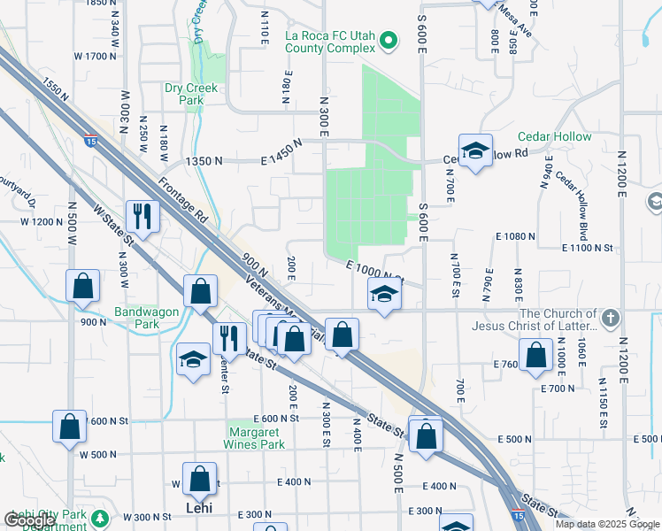 map of restaurants, bars, coffee shops, grocery stores, and more near 340 East 1000 North Street in Lehi