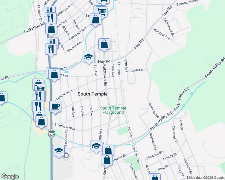map of restaurants, bars, coffee shops, grocery stores, and more near 4311 Kutztown Road in Temple