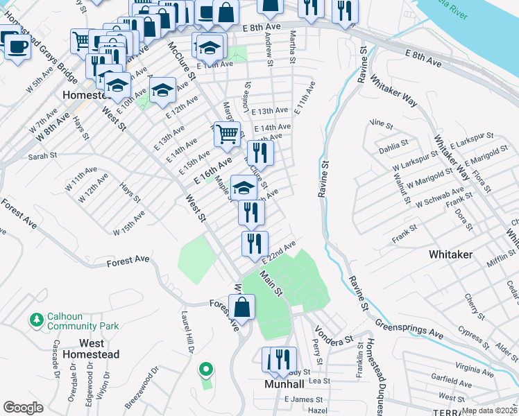 map of restaurants, bars, coffee shops, grocery stores, and more near in Homestead