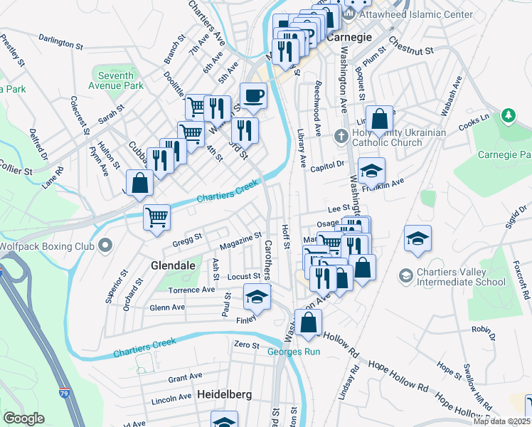 map of restaurants, bars, coffee shops, grocery stores, and more near 417 Carothers Avenue in Carnegie