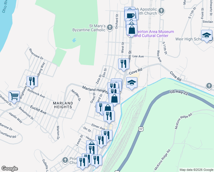 map of restaurants, bars, coffee shops, grocery stores, and more near 3514 Orchard Street in Weirton