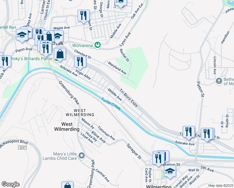 map of restaurants, bars, coffee shops, grocery stores, and more near 1000 Airbrake Avenue in Wilmerding