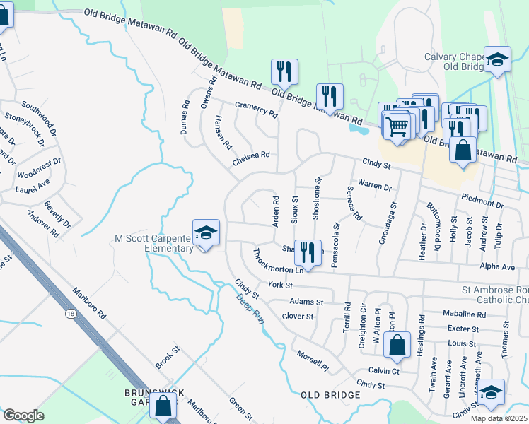 map of restaurants, bars, coffee shops, grocery stores, and more near 4 Arden Court in Old Bridge