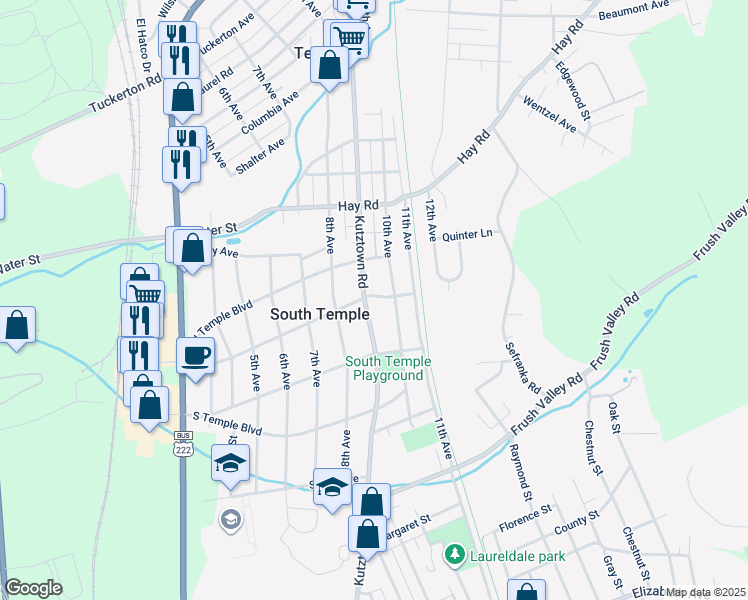 map of restaurants, bars, coffee shops, grocery stores, and more near 4249 Kutztown Road in Temple