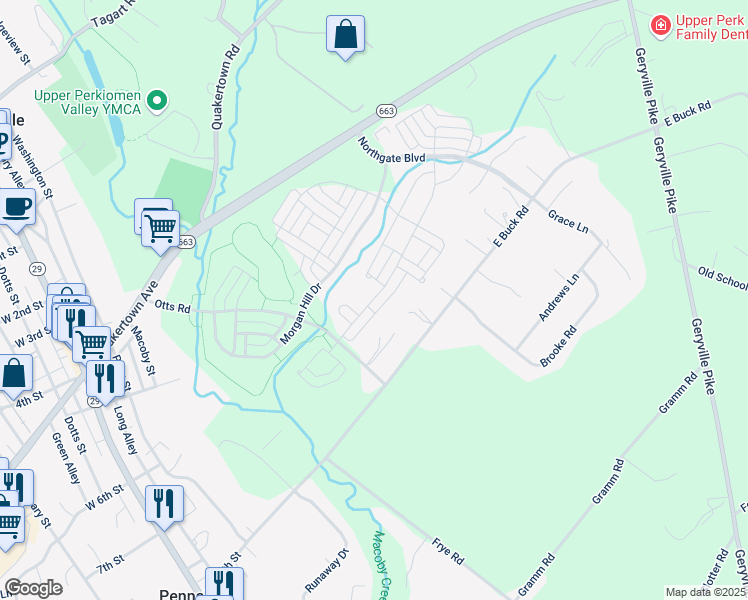map of restaurants, bars, coffee shops, grocery stores, and more near 2220 Sunnyvale Drive in Pennsburg