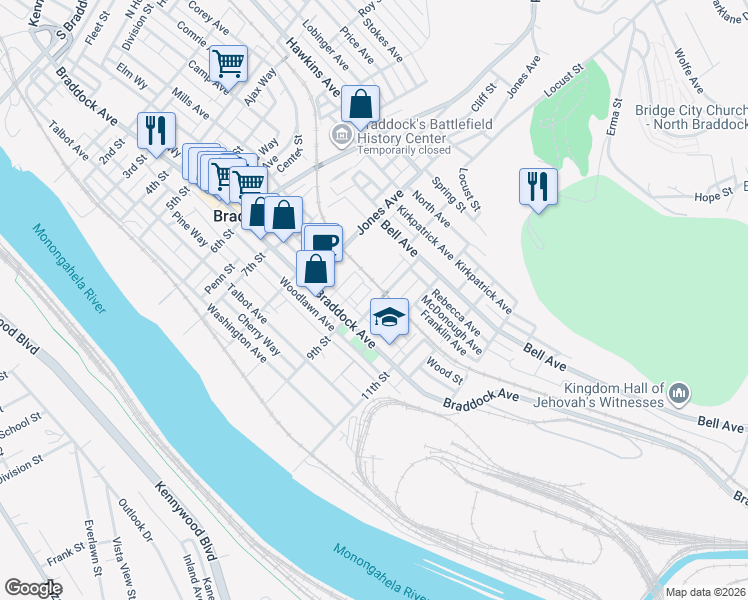 map of restaurants, bars, coffee shops, grocery stores, and more near 433 Verona Street in Braddock