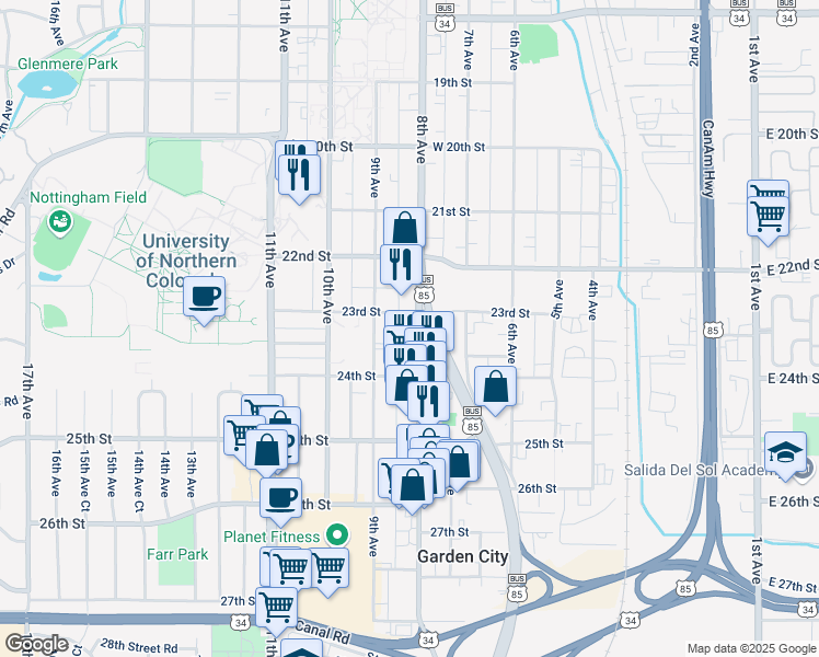 map of restaurants, bars, coffee shops, grocery stores, and more near 2319 8th Avenue in Greeley