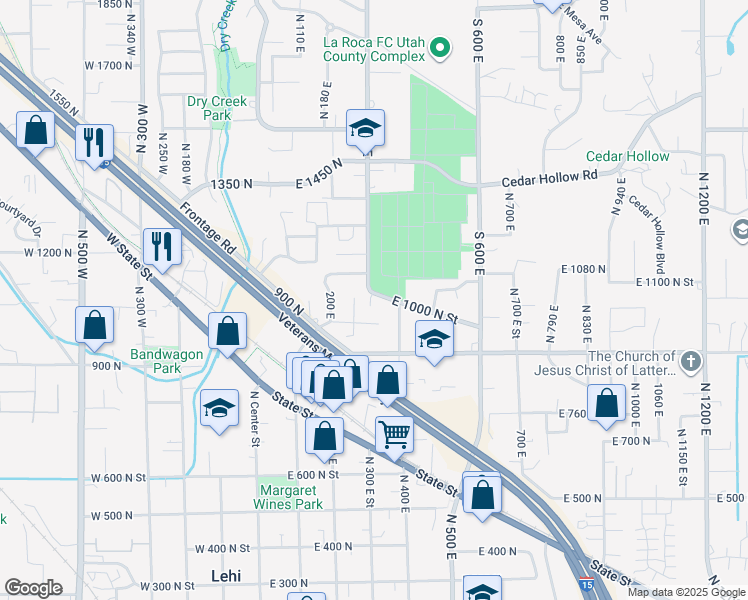 map of restaurants, bars, coffee shops, grocery stores, and more near 340 East 1000 North Street in Lehi