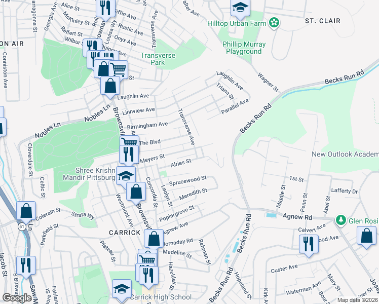map of restaurants, bars, coffee shops, grocery stores, and more near 1521 Transverse Avenue in Pittsburgh