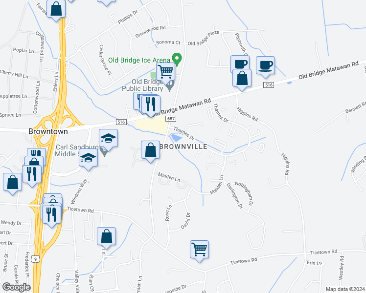 map of restaurants, bars, coffee shops, grocery stores, and more near in Old Bridge