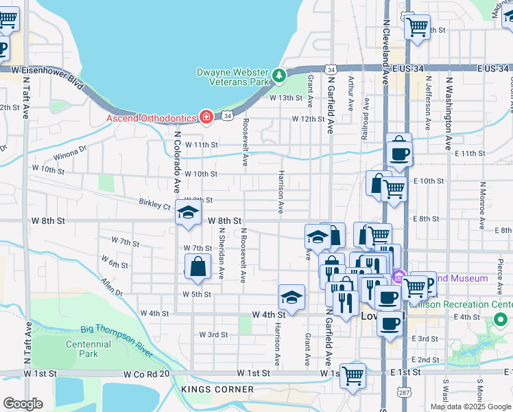 map of restaurants, bars, coffee shops, grocery stores, and more near 438 West 9th Street in Loveland