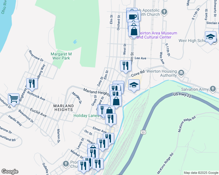 map of restaurants, bars, coffee shops, grocery stores, and more near 3522 Orchard Street in Weirton