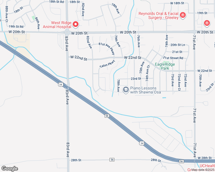 map of restaurants, bars, coffee shops, grocery stores, and more near 2255 80th Avenue in Greeley