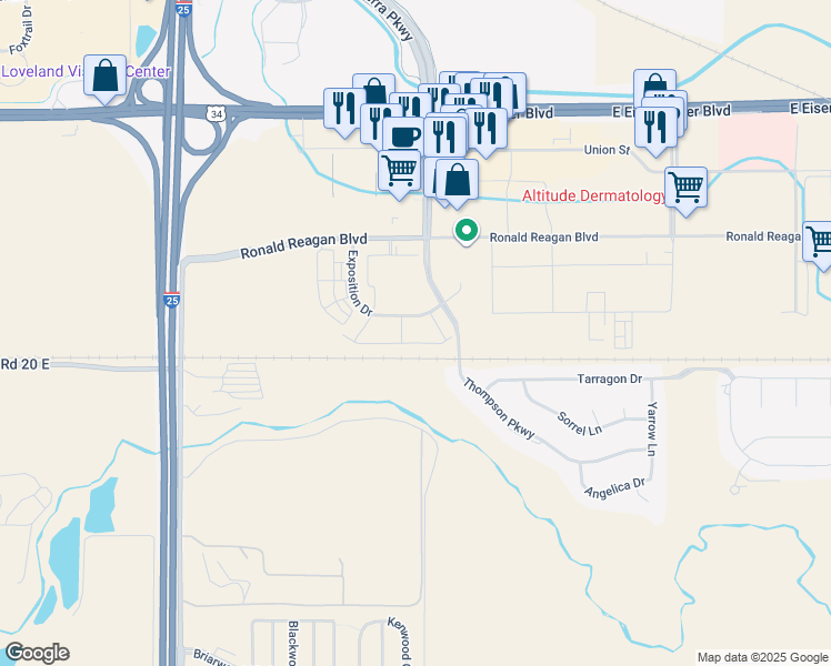 map of restaurants, bars, coffee shops, grocery stores, and more near 5070 Exposition Drive in Johnstown