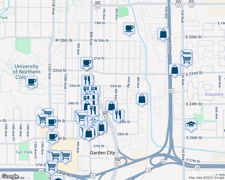 map of restaurants, bars, coffee shops, grocery stores, and more near 602 23rd Street in Greeley