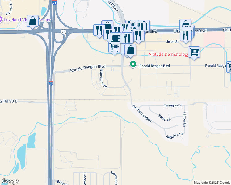 map of restaurants, bars, coffee shops, grocery stores, and more near 5070 Exposition Drive in Johnstown