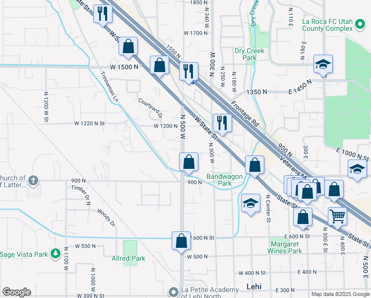 map of restaurants, bars, coffee shops, grocery stores, and more near 1128 North 500 West in Lehi