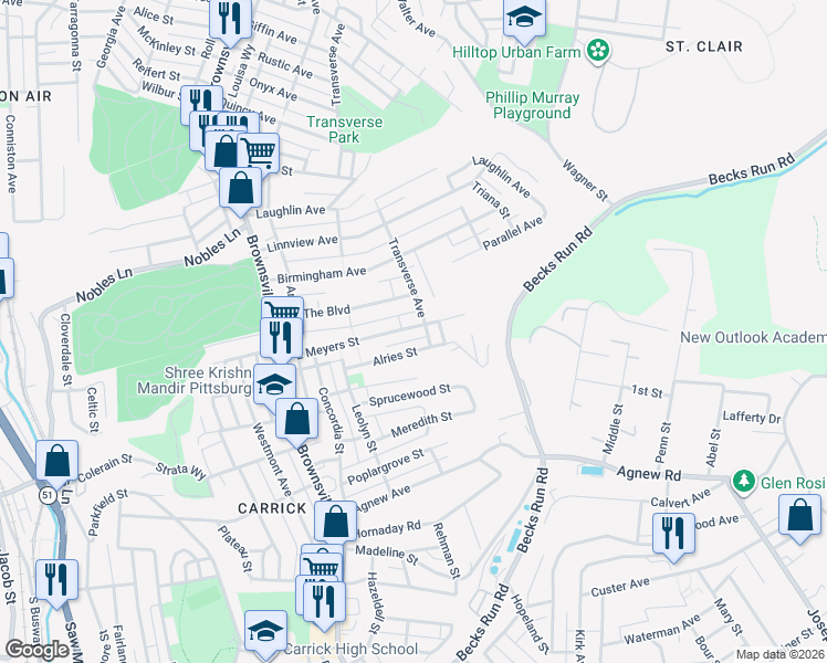 map of restaurants, bars, coffee shops, grocery stores, and more near 1521 Transverse Avenue in Pittsburgh