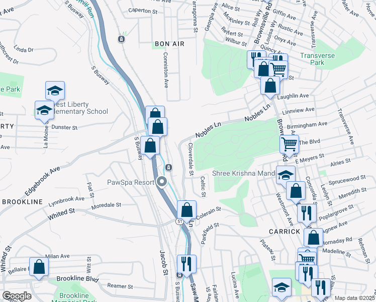 map of restaurants, bars, coffee shops, grocery stores, and more near 1305 Nobles Lane in Pittsburgh