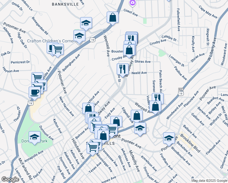 map of restaurants, bars, coffee shops, grocery stores, and more near 2606 Broadway Avenue in Pittsburgh