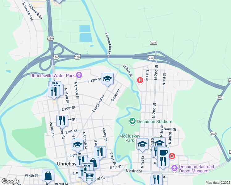map of restaurants, bars, coffee shops, grocery stores, and more near 123 Parkway Street in Uhrichsville