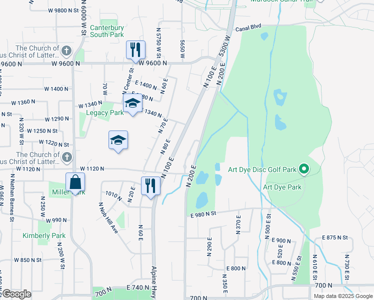 map of restaurants, bars, coffee shops, grocery stores, and more near 1201 160 East Street in American Fork