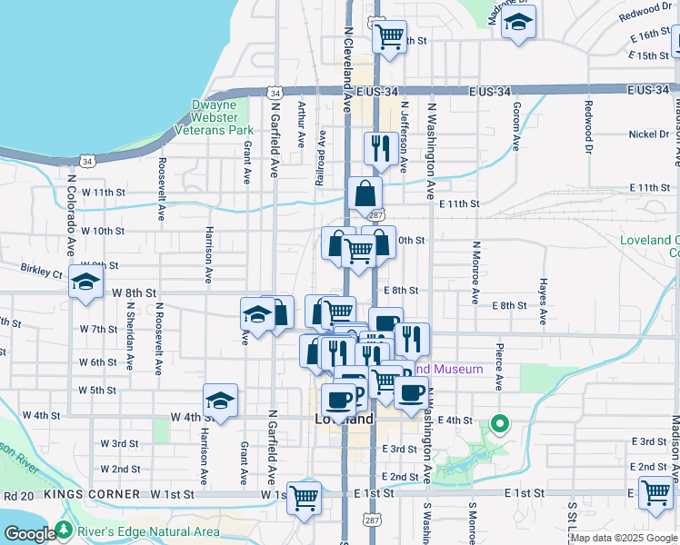 map of restaurants, bars, coffee shops, grocery stores, and more near 873 Cleveland Avenue in Loveland
