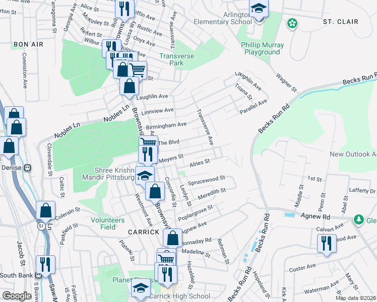 map of restaurants, bars, coffee shops, grocery stores, and more near 200 The Boulevard in Pittsburgh