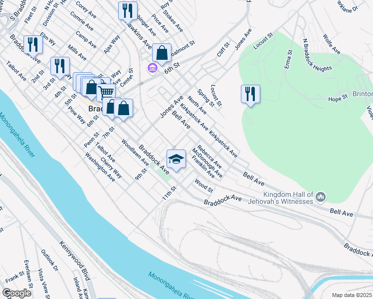 map of restaurants, bars, coffee shops, grocery stores, and more near 512 Primrose Way in Braddock