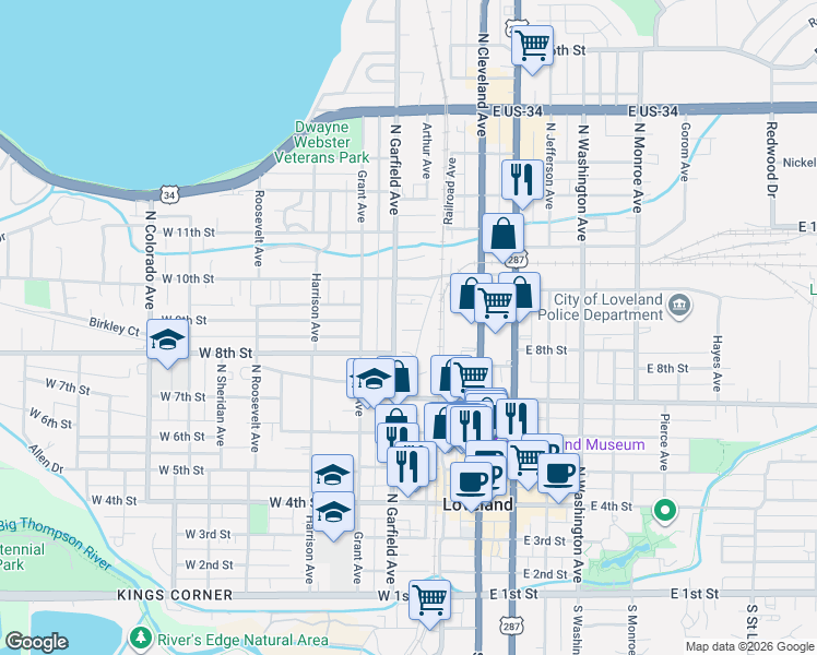 map of restaurants, bars, coffee shops, grocery stores, and more near 824 North Garfield Avenue in Loveland