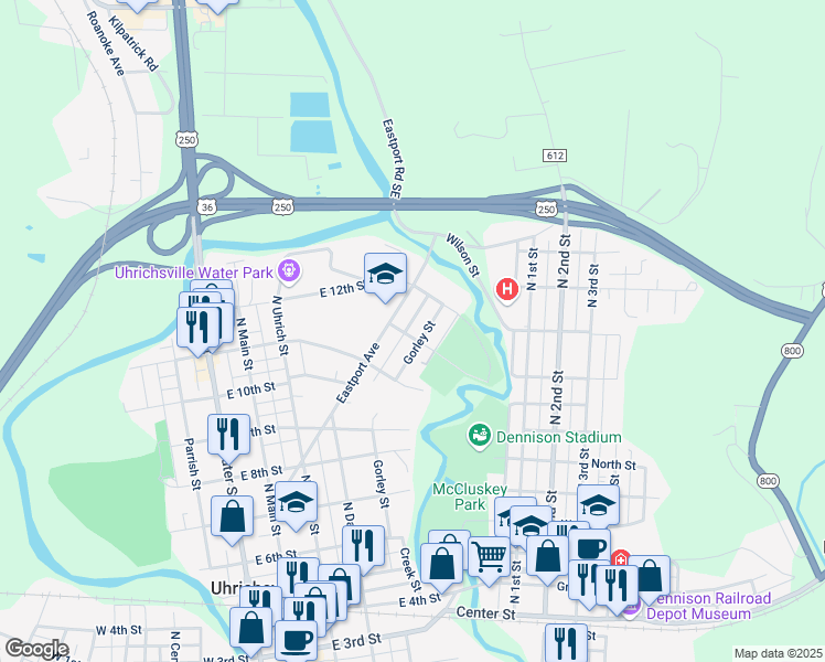 map of restaurants, bars, coffee shops, grocery stores, and more near 123 Parkway Street in Uhrichsville
