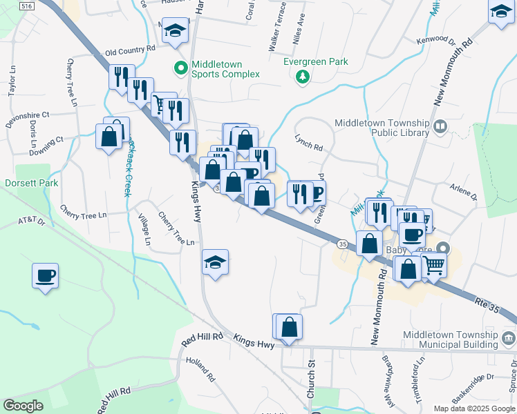 map of restaurants, bars, coffee shops, grocery stores, and more near 1325 New Jersey 35 in Middletown Township