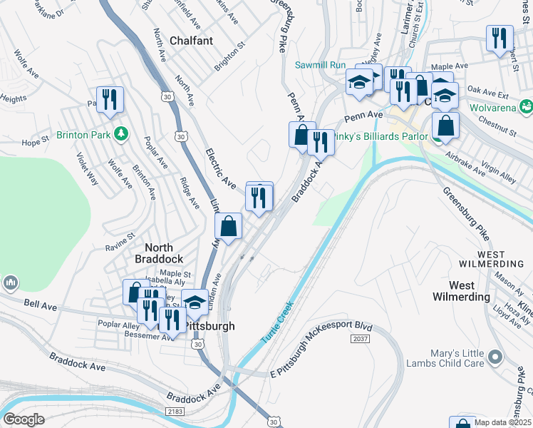 map of restaurants, bars, coffee shops, grocery stores, and more near 836 East Pittsburgh Mall in East Pittsburgh