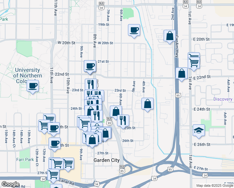 map of restaurants, bars, coffee shops, grocery stores, and more near 602 23rd Street in Greeley