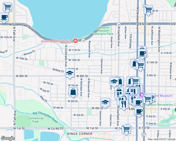 map of restaurants, bars, coffee shops, grocery stores, and more near 518 West 9th Street in Loveland
