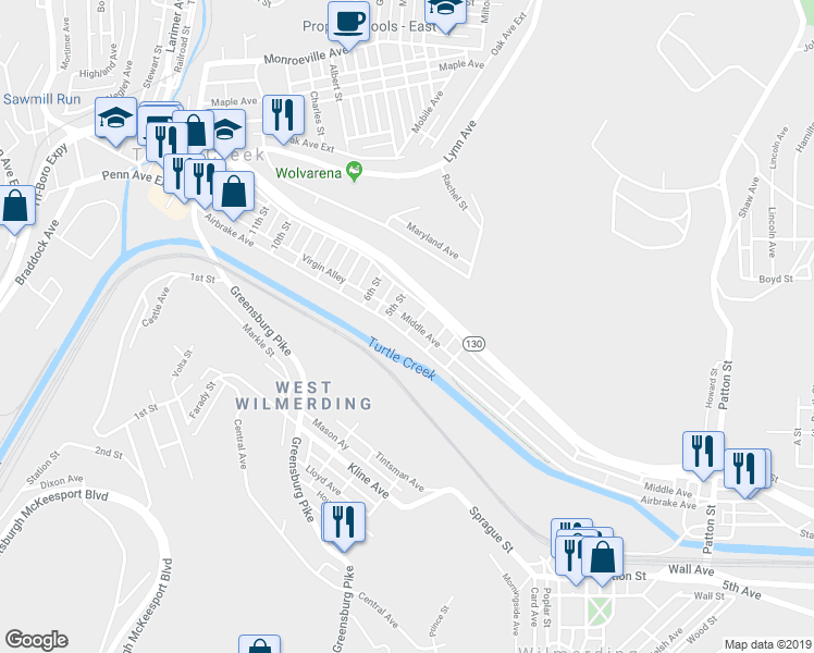 map of restaurants, bars, coffee shops, grocery stores, and more near 1000 Airbrake Avenue in Wilmerding