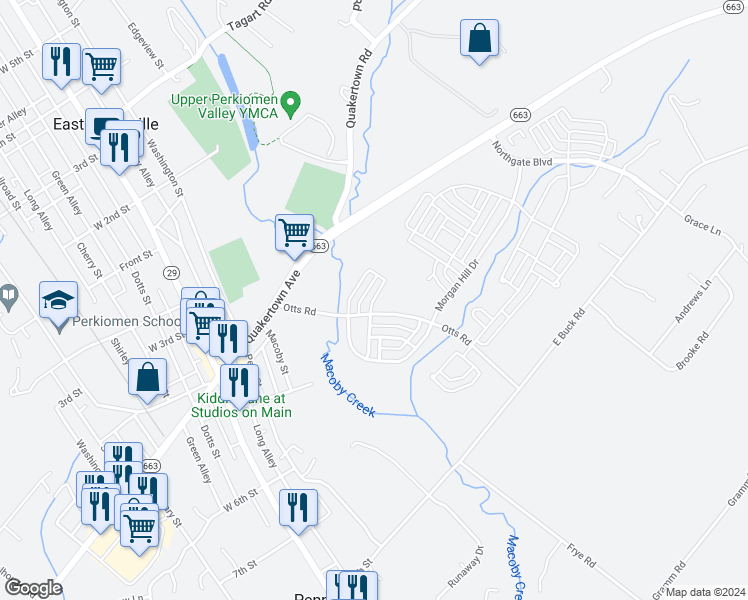 map of restaurants, bars, coffee shops, grocery stores, and more near Berkeley Drive in Pennsburg