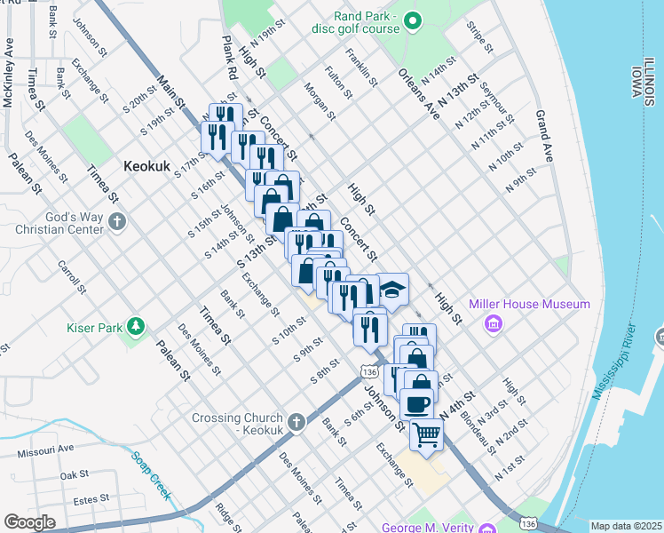 map of restaurants, bars, coffee shops, grocery stores, and more near 17 North 11th Street in Keokuk