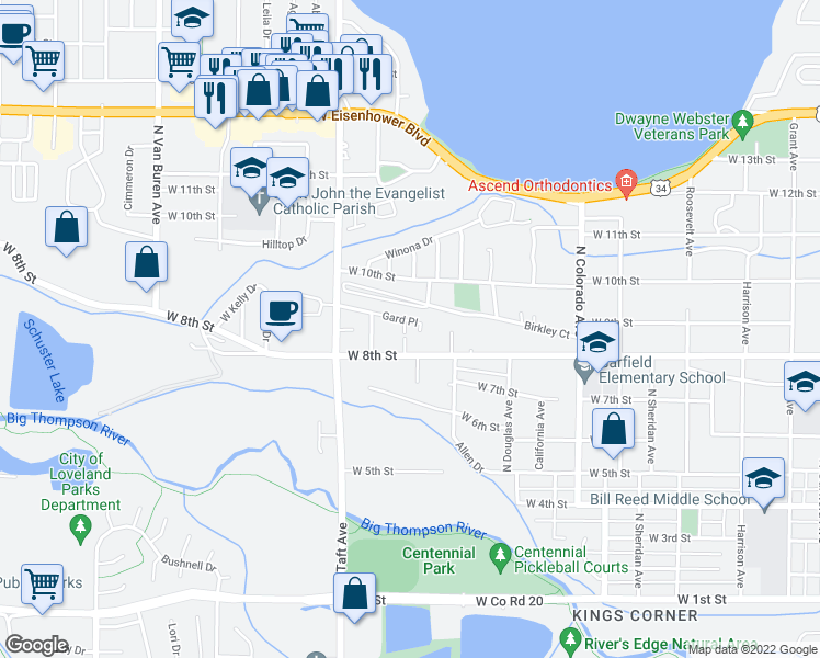 map of restaurants, bars, coffee shops, grocery stores, and more near 1118 Gard Place in Loveland