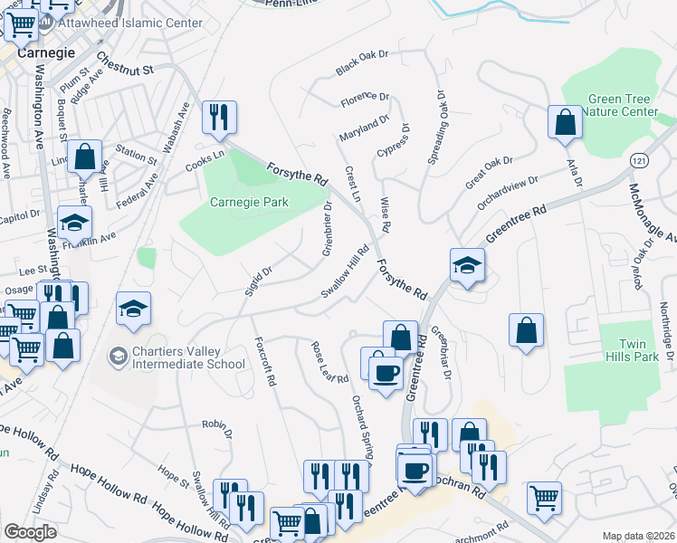 map of restaurants, bars, coffee shops, grocery stores, and more near 117 Grienbrier Drive in Carnegie