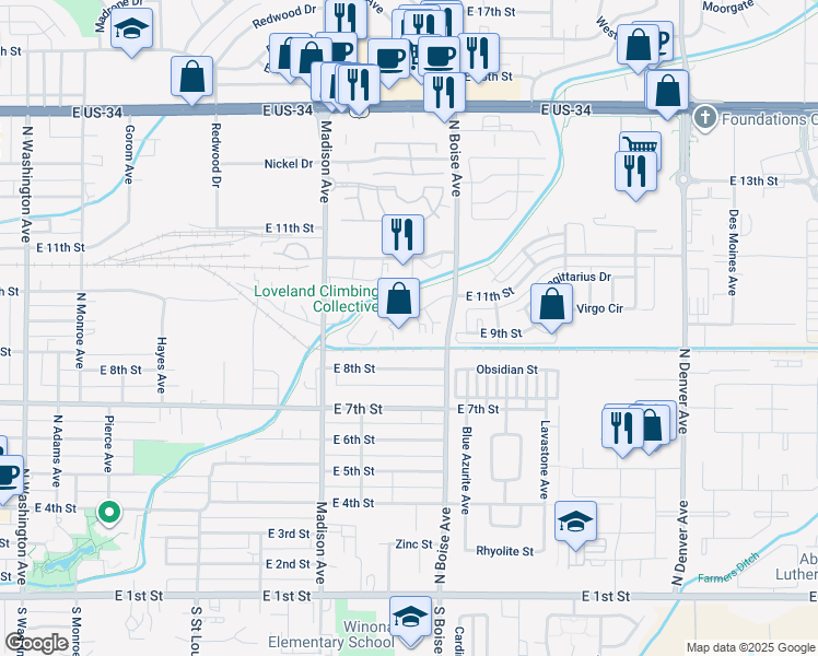 map of restaurants, bars, coffee shops, grocery stores, and more near 1513 Taurus Court in Loveland