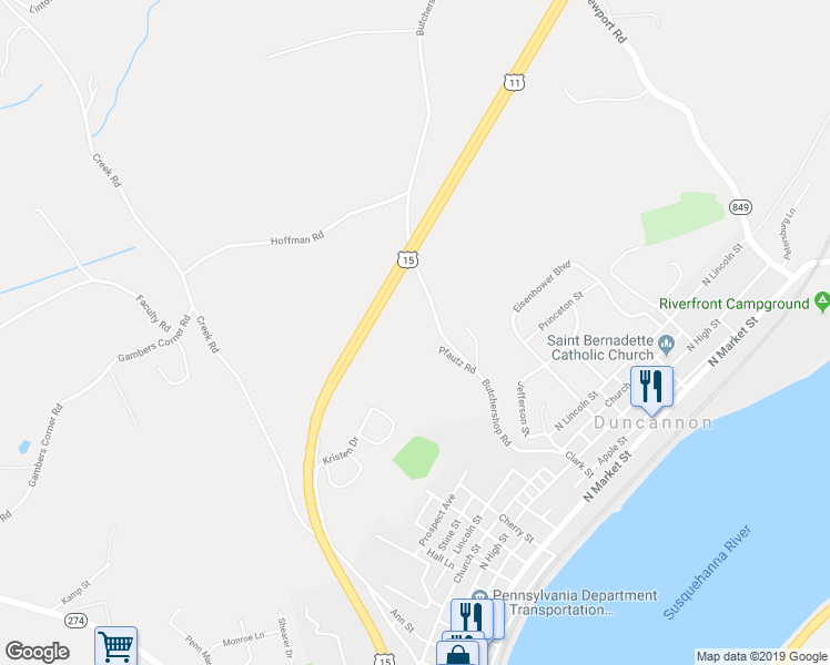 map of restaurants, bars, coffee shops, grocery stores, and more near 7 Pfautz Road in Duncannon