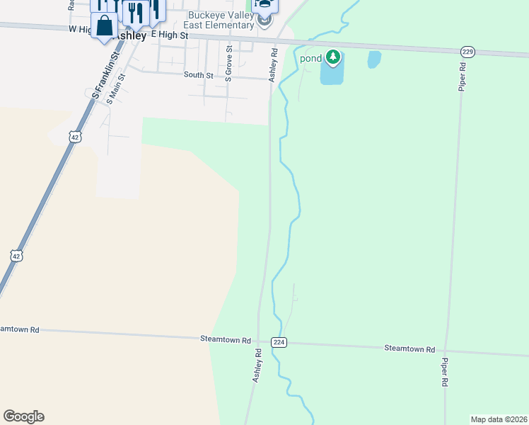 map of restaurants, bars, coffee shops, grocery stores, and more near 9101 County Road 243 in Ashley