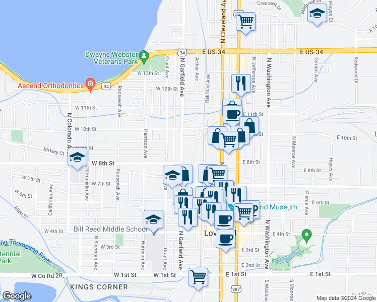 map of restaurants, bars, coffee shops, grocery stores, and more near 827 North Garfield Avenue in Loveland