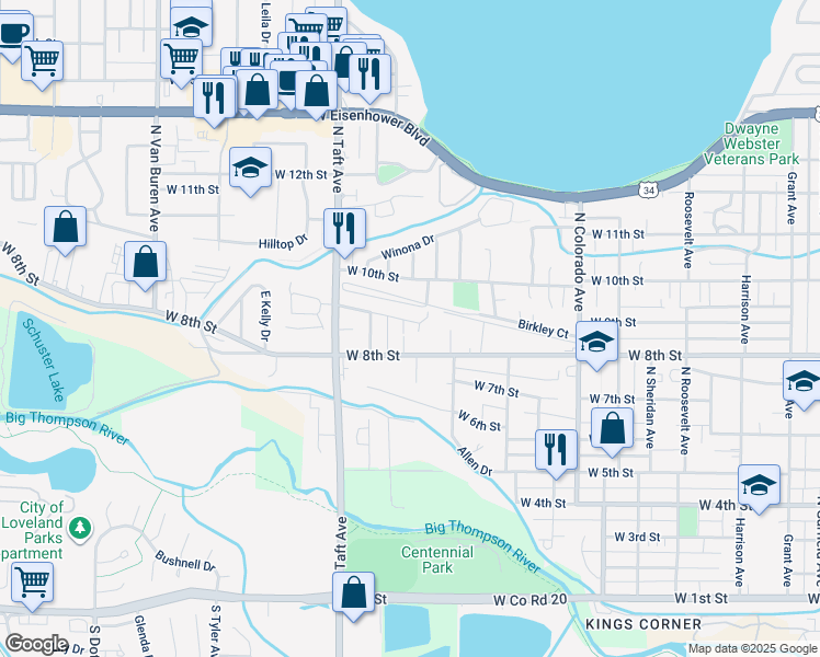 map of restaurants, bars, coffee shops, grocery stores, and more near 1126 Gard Place in Loveland
