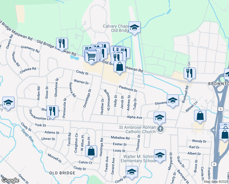 map of restaurants, bars, coffee shops, grocery stores, and more near 3 Holly Street in Old Bridge