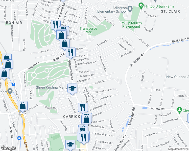 map of restaurants, bars, coffee shops, grocery stores, and more near 200 The Boulevard in Pittsburgh
