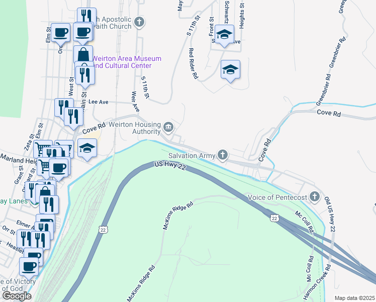 map of restaurants, bars, coffee shops, grocery stores, and more near 626 Cove Rd in Weirton