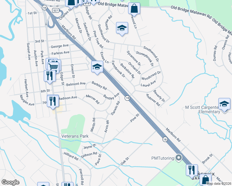 map of restaurants, bars, coffee shops, grocery stores, and more near 124 Bentley Avenue in Old Bridge Township