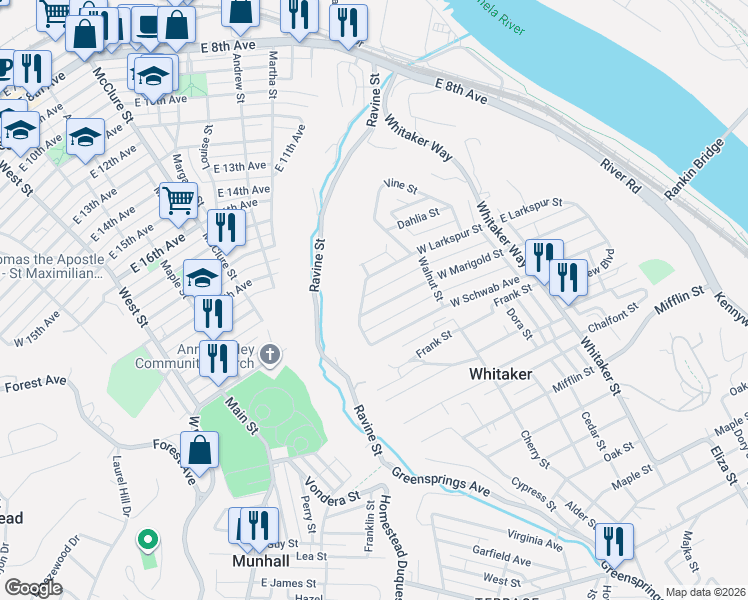 map of restaurants, bars, coffee shops, grocery stores, and more near 248 West Marigold Street in Munhall